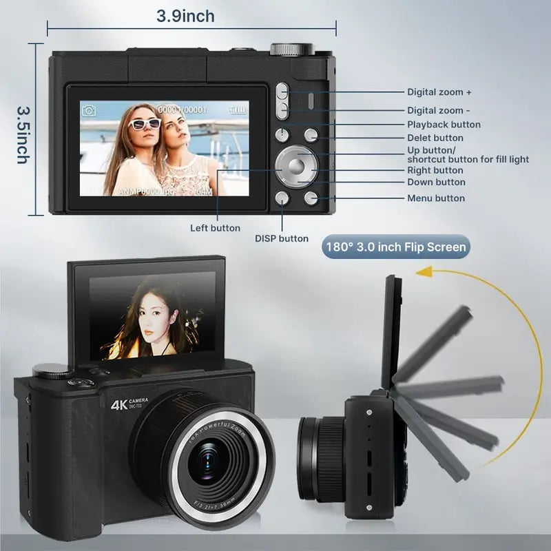 4K Digital Camera with Flip Screen for Vlogging